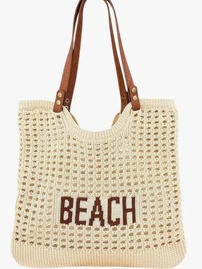 Cream 'BEACH' Crochet Tote Bag with Brown Handles